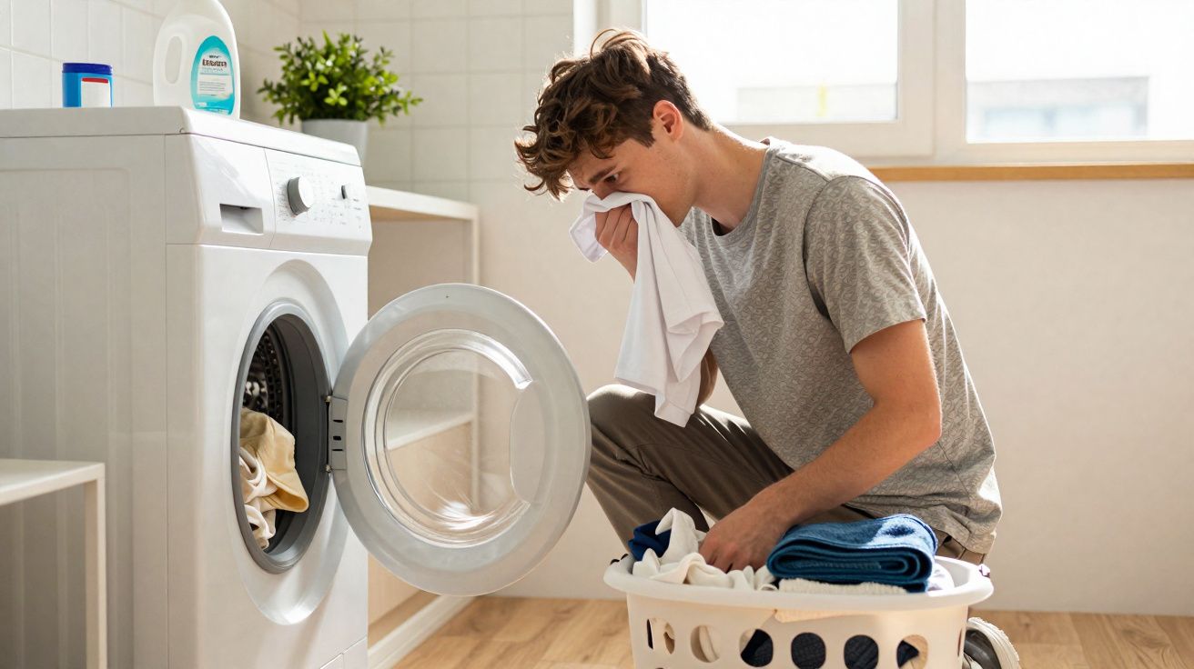 Jovem a cheirar roupa que retirou da máquina de lavar, em divisão com luz natural.