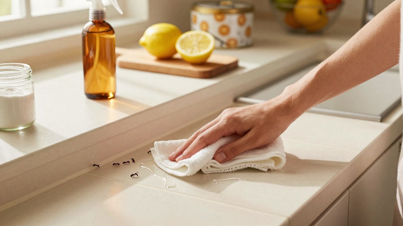 Mão a limpar formigas e líquidos da superfície da cozinha com um pano branco, limão e spray ao fundo.