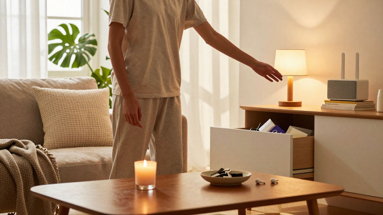 Pessoa vestida com pijama a abrir gaveta numa sala com decoração acolhedora e luz quente.