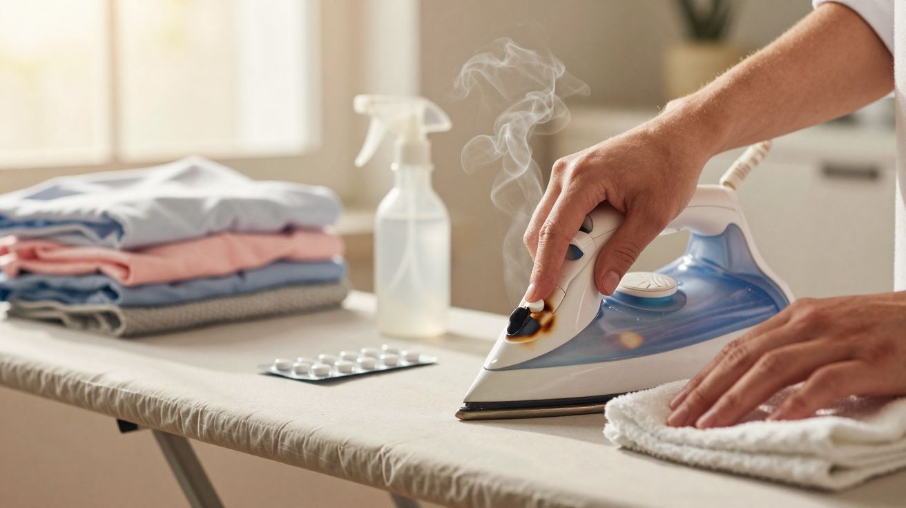Pessoa a passar a ferro uma toalha num tábua de passar, com roupa dobrada e pulverizador ao fundo.