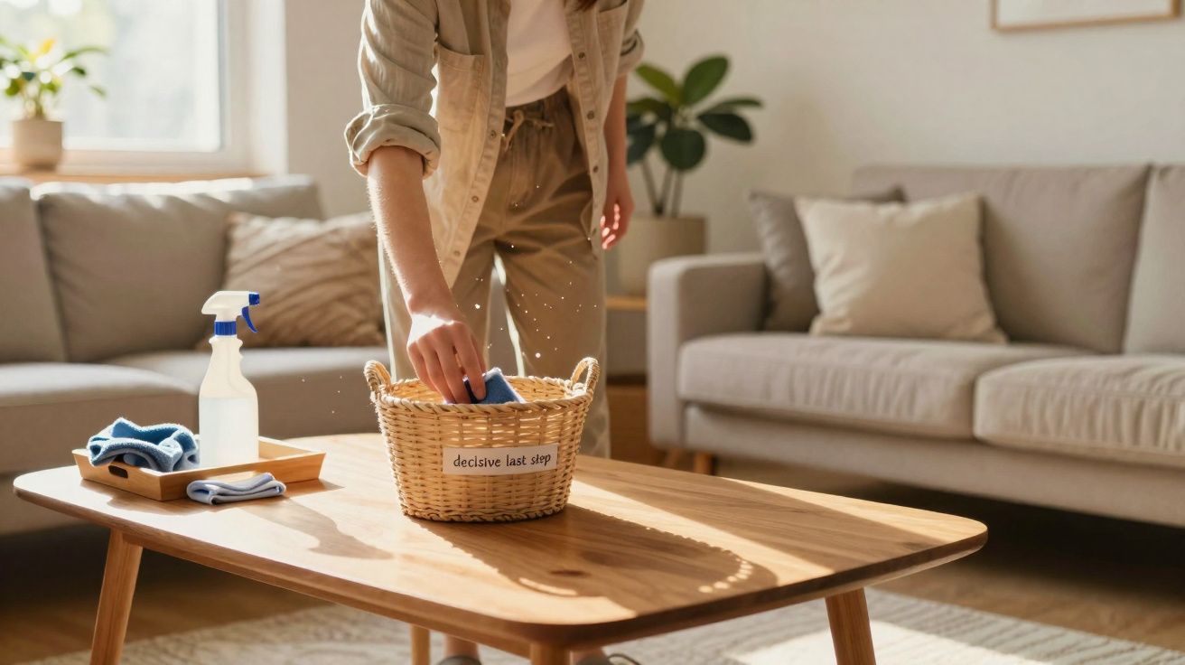 Pessoa a limpar mesa de madeira com spray e panos numa sala iluminada e decorada com sofá e plantas.