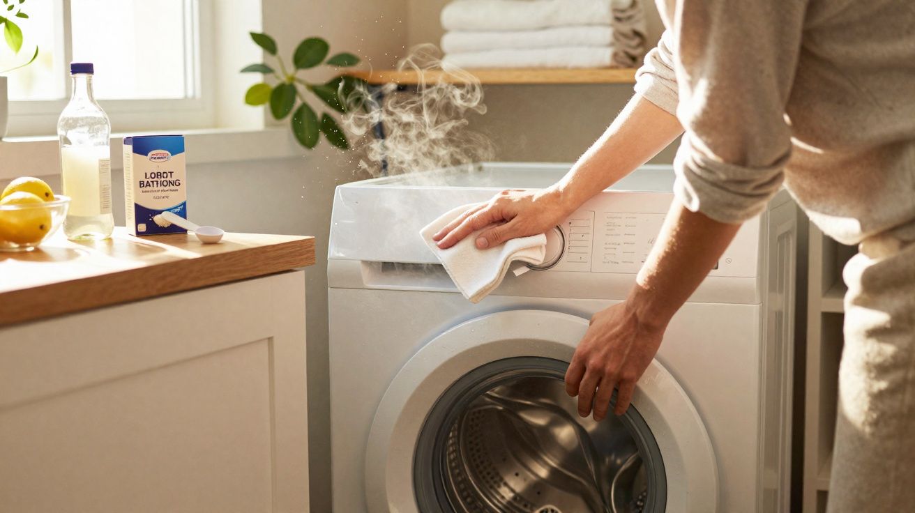 Pessoa a limpar o painel de uma máquina de lavar roupa com vapor numa lavandaria doméstica.