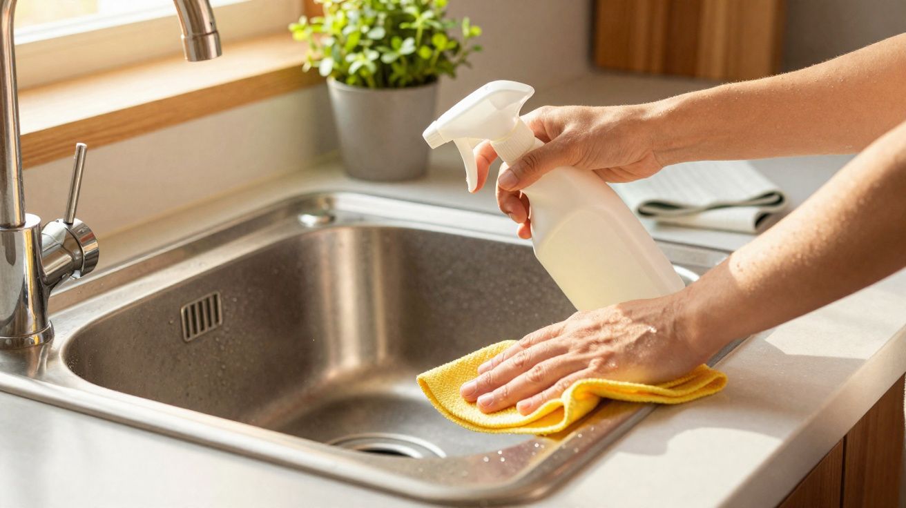 Pessoa a limpar uma pia de cozinha de inox com um spray e um pano amarelo, junto a uma janela e planta.