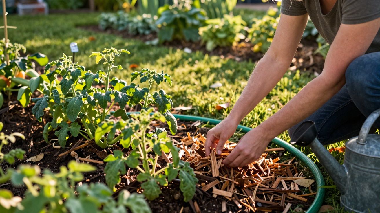 Pessoa a colocar cobertura de palha nos pés de plantas num jardim ao ar livre.