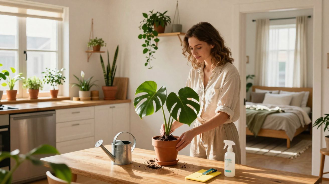 Mulher a cuidar de planta verde numa sala de estar iluminada e decorada com várias plantas.