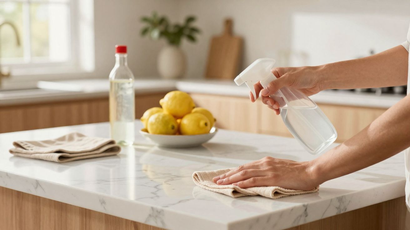 Pessoa a limpar superfície de cozinha em pedra branca com pano e pulverizador transparente.