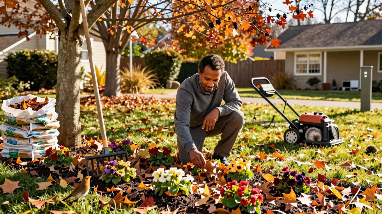 Homem a cuidar de flores numa jardinagem de outono com folhas caídas e um corta-relvas ao fundo.