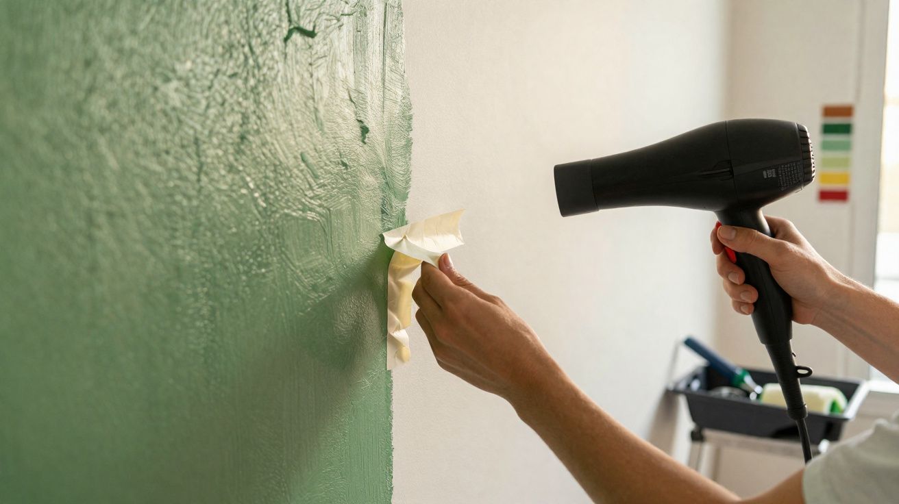 Pessoa a remover papel de parede verde húmido com um secador preto numa parede branca.