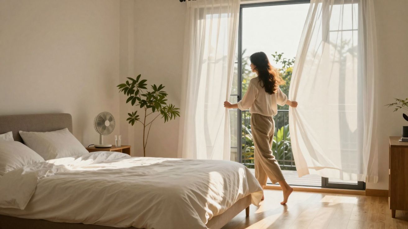 Mulher abre cortinas num quarto luminoso e minimalista com cama, plantas e chão de madeira.