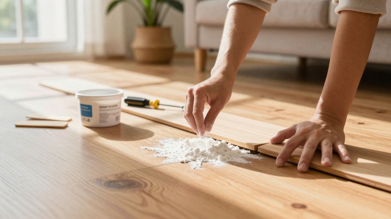 Mãos a colocar pó branco numa junta entre tábuas de madeira para instalar pavimento flutuante numa sala iluminada.
