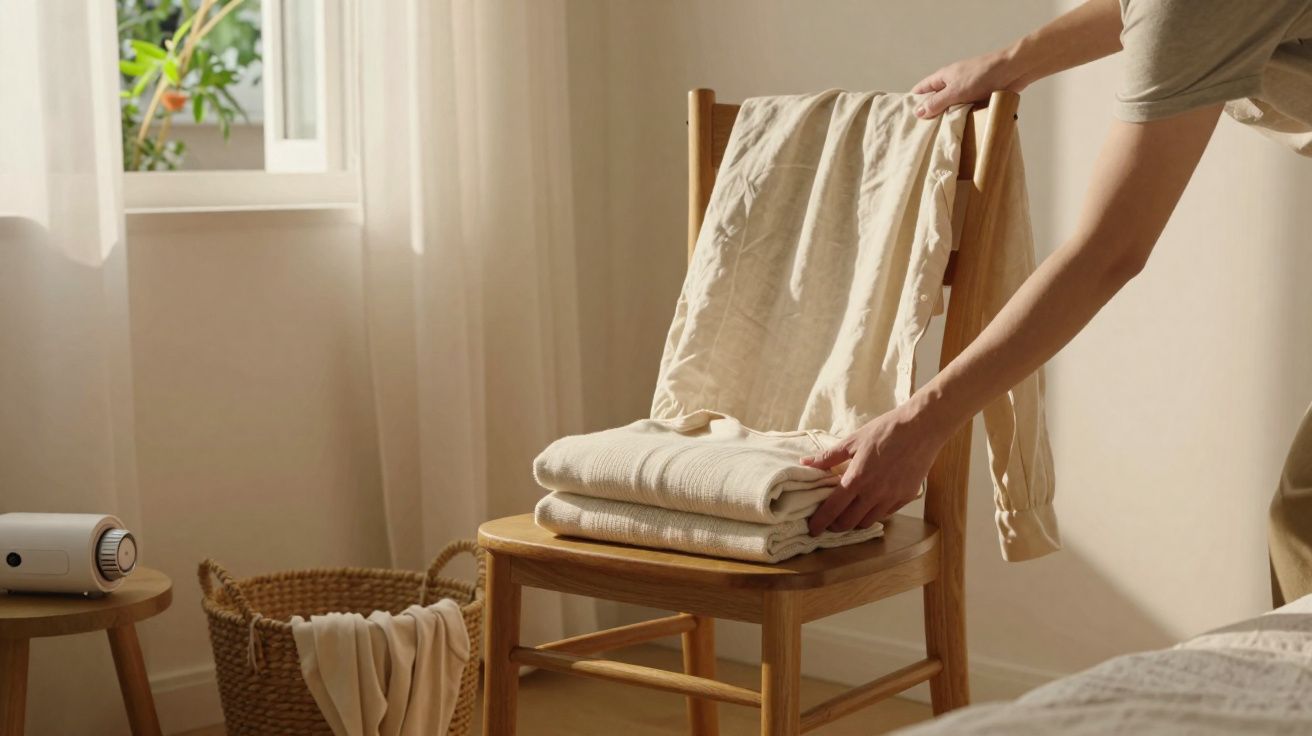 Pessoa a dobrar roupa clara e a colocar em cadeira de madeira num quarto iluminado pela janela.