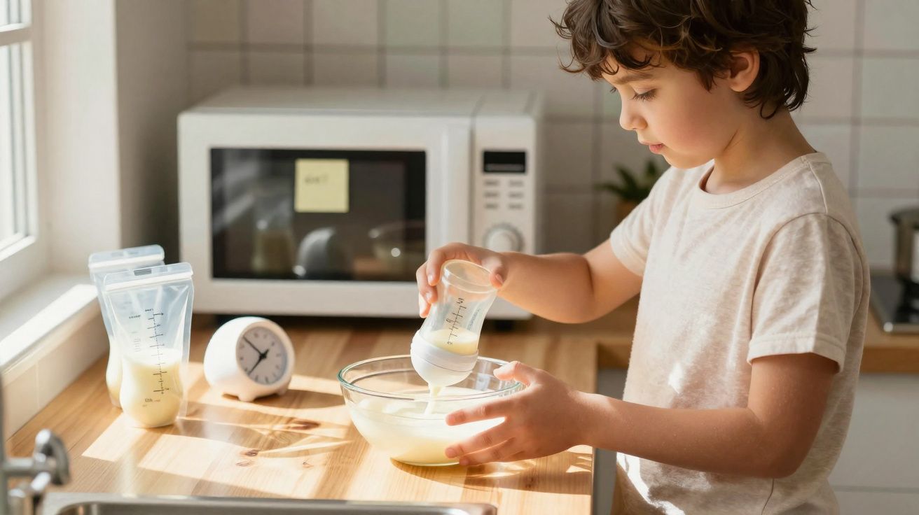 Criança derrama leite de um biberão para uma tigela na cozinha luminosa com micro-ondas ao fundo.
