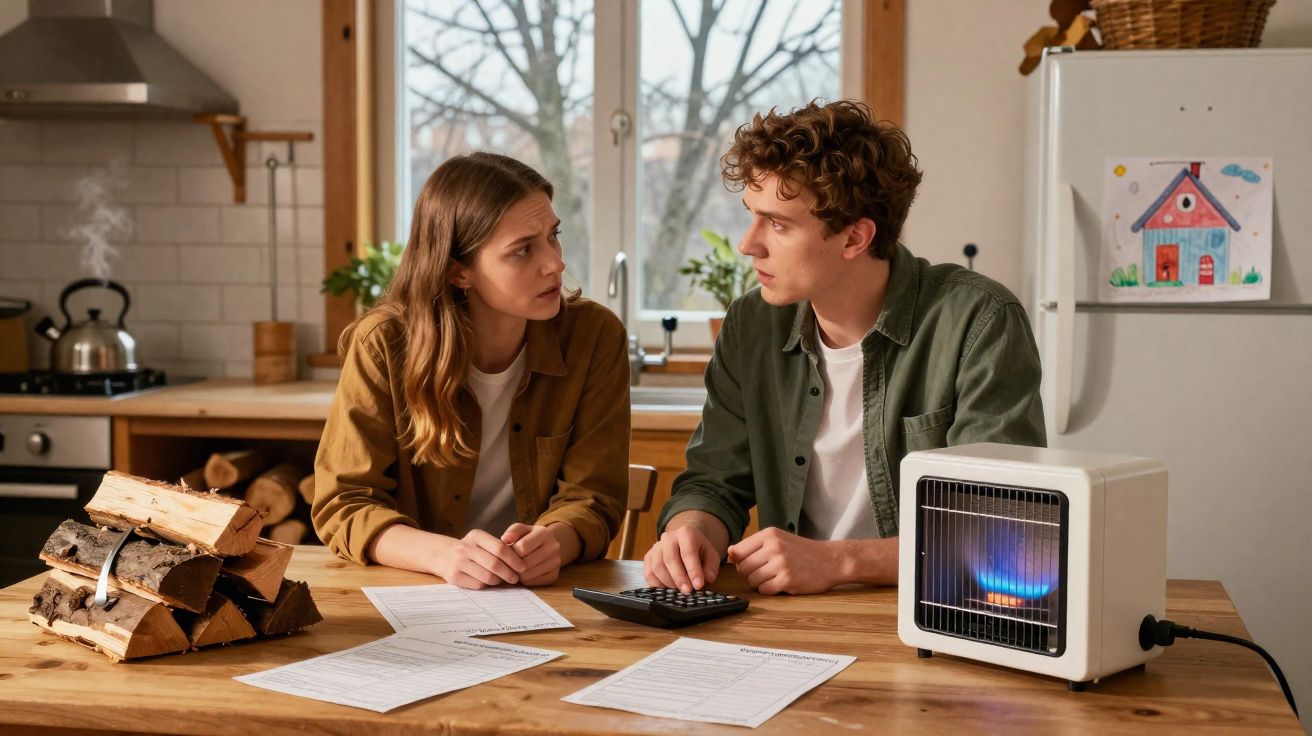 Casal preocupado sentado à mesa com documentos, calculadora e aquecedor num ambiente doméstico.