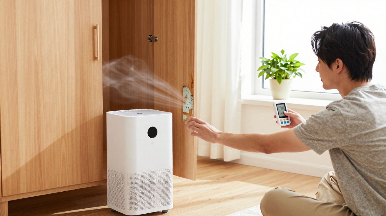 Pessoa a usar um purificador de ar branco num quarto com portas de madeira e plantas na janela.