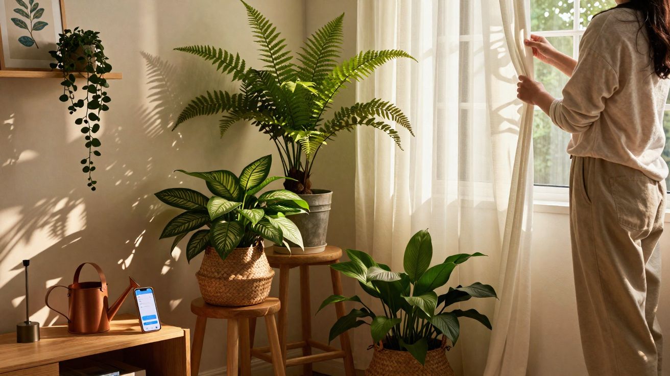 Pessoa a abrir cortinas numa sala com três plantas em vasos e luz natural a entrar pela janela.