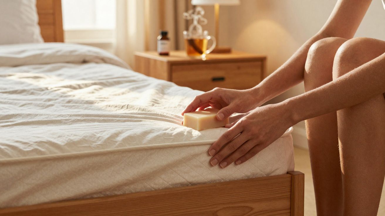 Pessoa a colocar sabão numa cama com roupa de cama clara num quarto iluminado naturalmente.