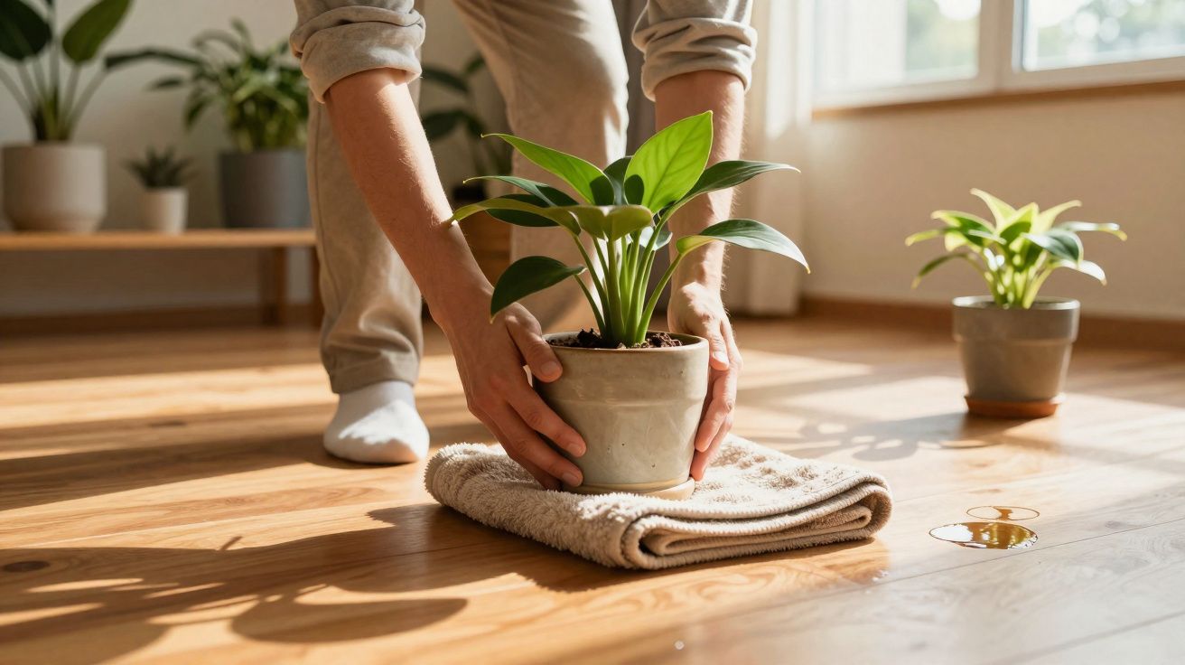 Pessoa a colocar vaso com planta sobre toalha no chão em sala iluminada por luz natural.