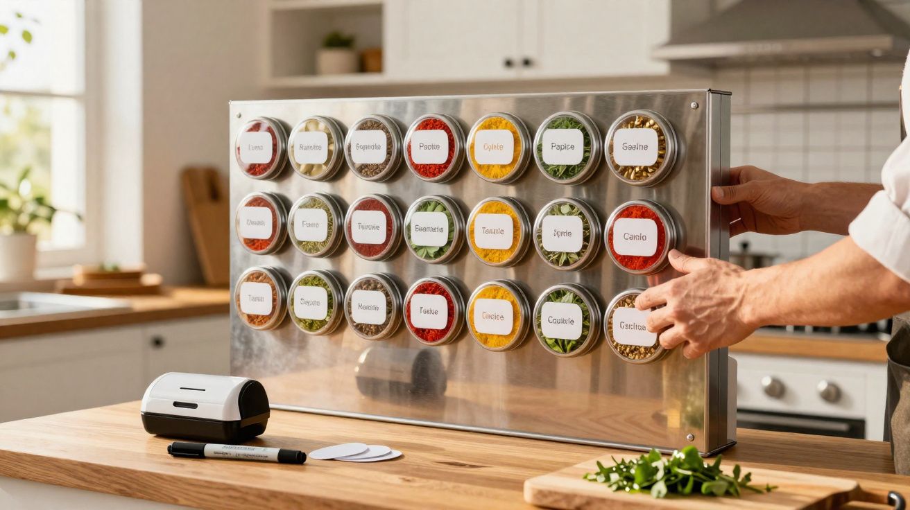 Mãos a organizar frascos magnéticos com especiarias etiquetadas num suporte metálico numa cozinha moderna.