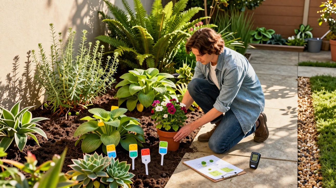 Homem a cuidar de plantas e jardinagem num jardim com várias flores e etiquetas coloridas.