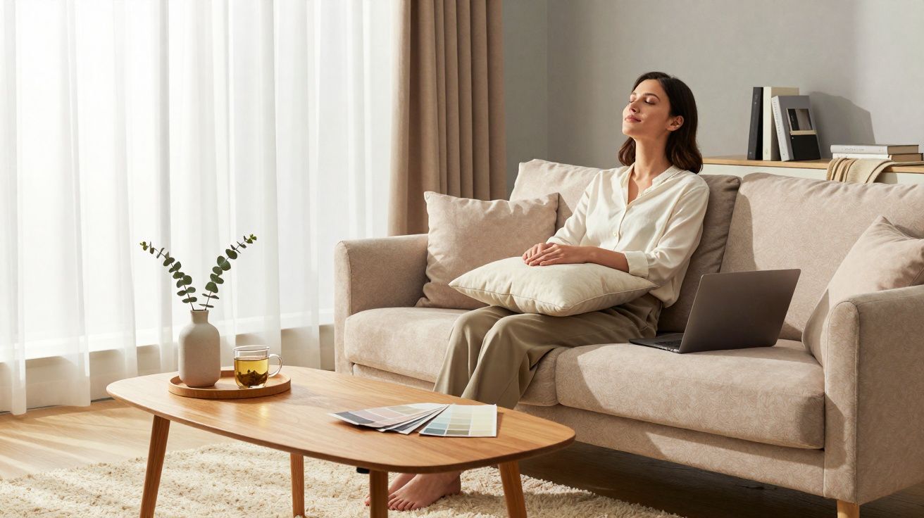 Mulher sentada no sofá a relaxar com almofada, perto de computador portátil e mesa com chá e amostras de cor.