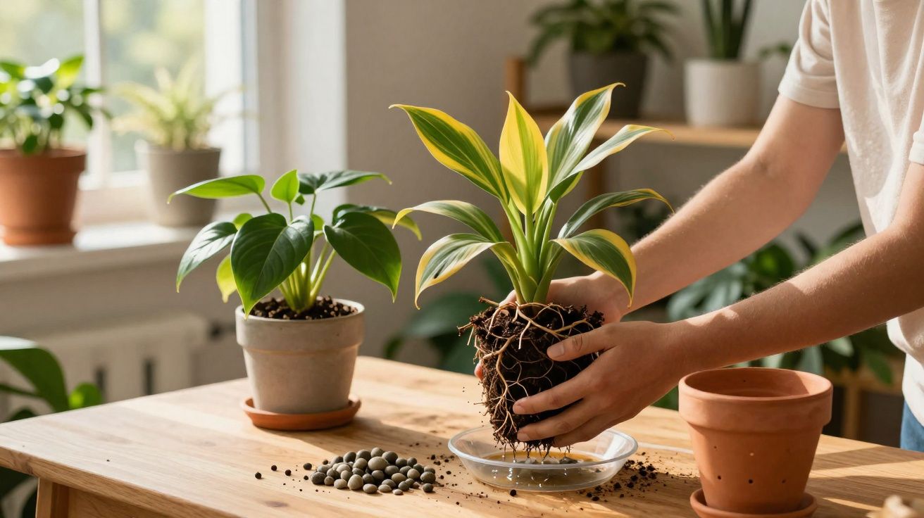 Pessoa a transplantar planta com raízes expostas para um vaso de barro num espaço interior iluminado.