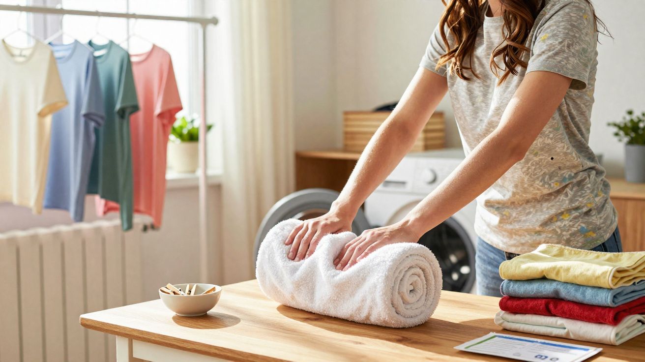 Pessoa a enrolar uma toalha branca numa mesa com roupa lavada e t-shirts penduradas a secar.