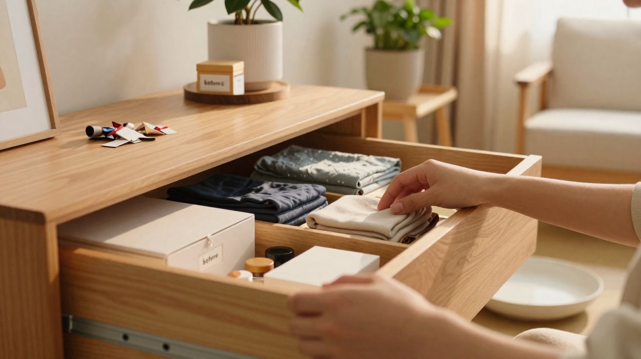 Mãos organizam roupas dobradas numa gaveta de madeira clara numa sala com plantas e luz natural.