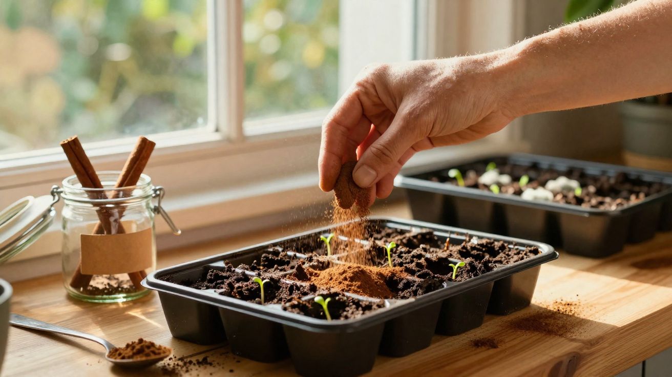 Mão a colocar canela em pó sobre terra com pequenas plantas num tabuleiro perto de janela iluminada.