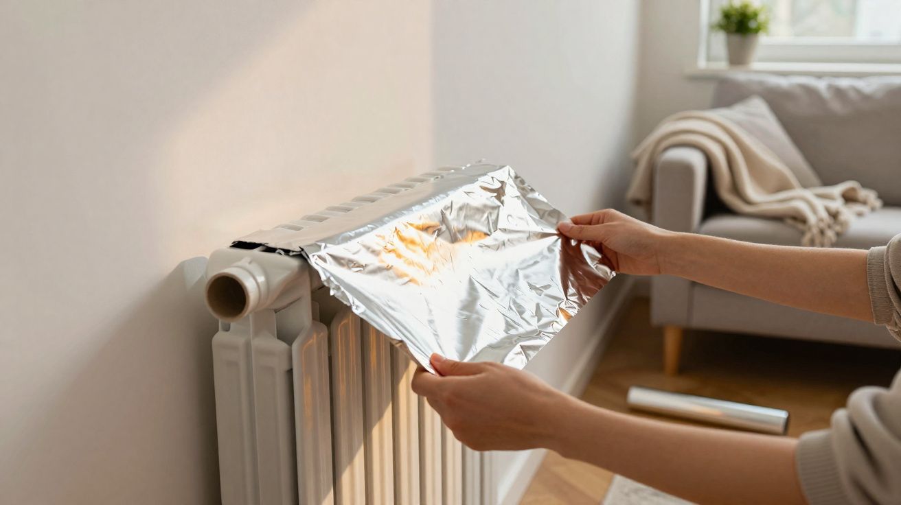 Pessoa a colocar papel de alumínio atrás de um radiador num ambiente doméstico acolhedor.