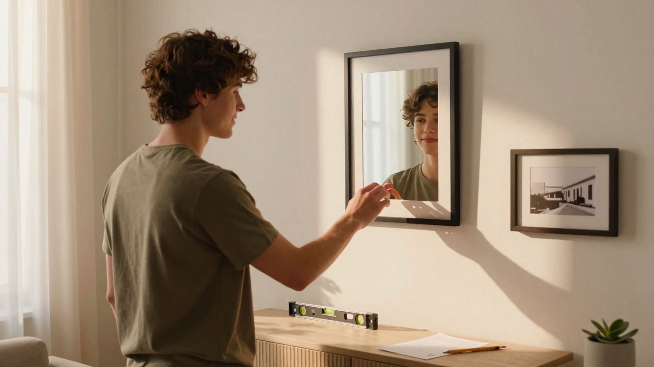 Jovem pendura moldura num espelho na parede de uma sala bem iluminada pela luz natural.