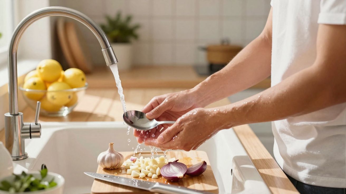 Pessoa a lavar dentes de alho e uma colher numa cozinha com limões ao fundo e uma faca sobre a tábua.