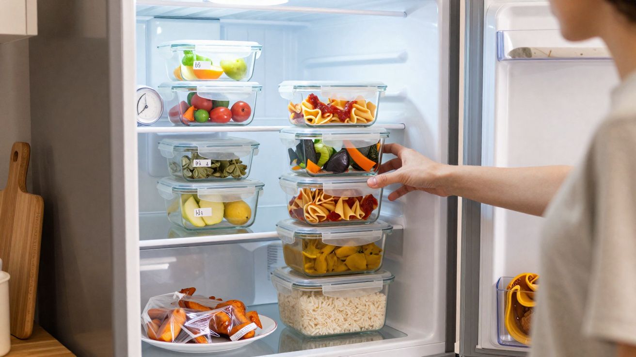 Mão a colocar recipiente de vidro com comida no frigorífico cheio de alimentos e recipientes organizados.