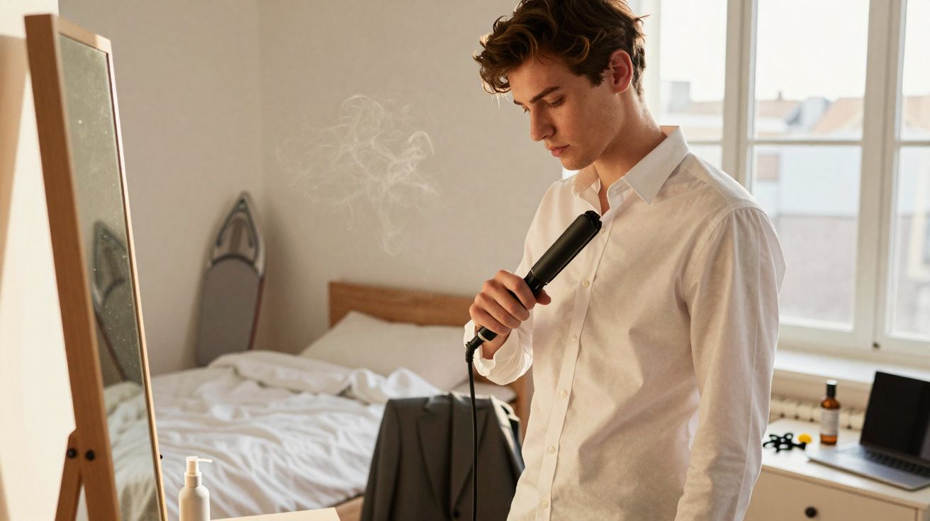 Jovem num quarto a usar um alisador de cabelo com camisa branca, espelho e janela ao fundo.