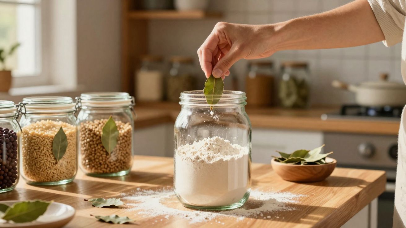 Mão coloca folha de louro num frasco com farinha numa cozinha iluminada e organizada.