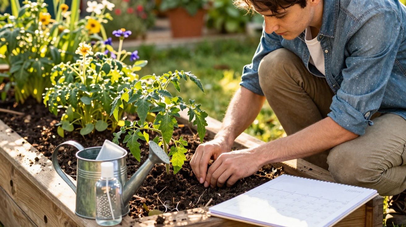 Pessoa a plantar sementes numa horta elevada com regador e caderno ao lado em ambiente exterior ensolarado.