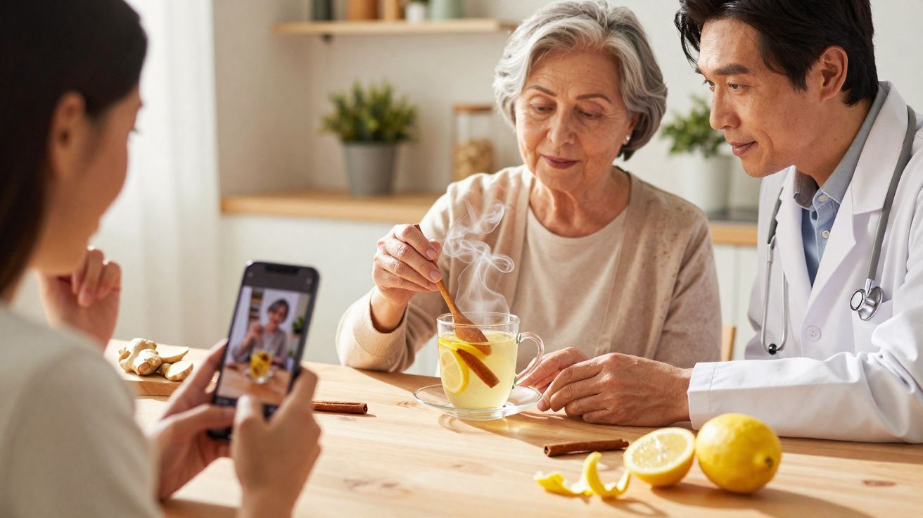 Mulher idosa mexe chá com pau de canela enquanto médico observa e outra pessoa fotografa no telemóvel numa cozinha.