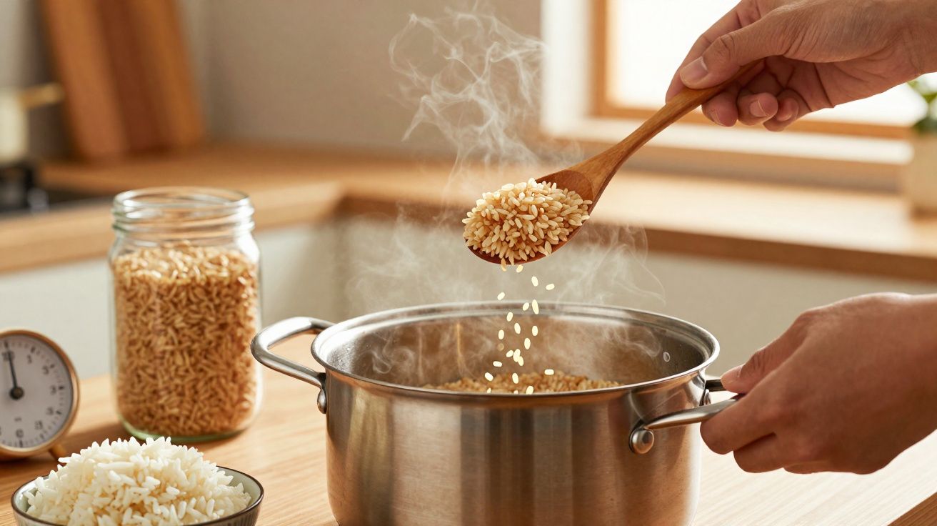 Mãos a cozinhar arroz, com colher a colocar grãos numa panela de inox a vapor no fogão.
