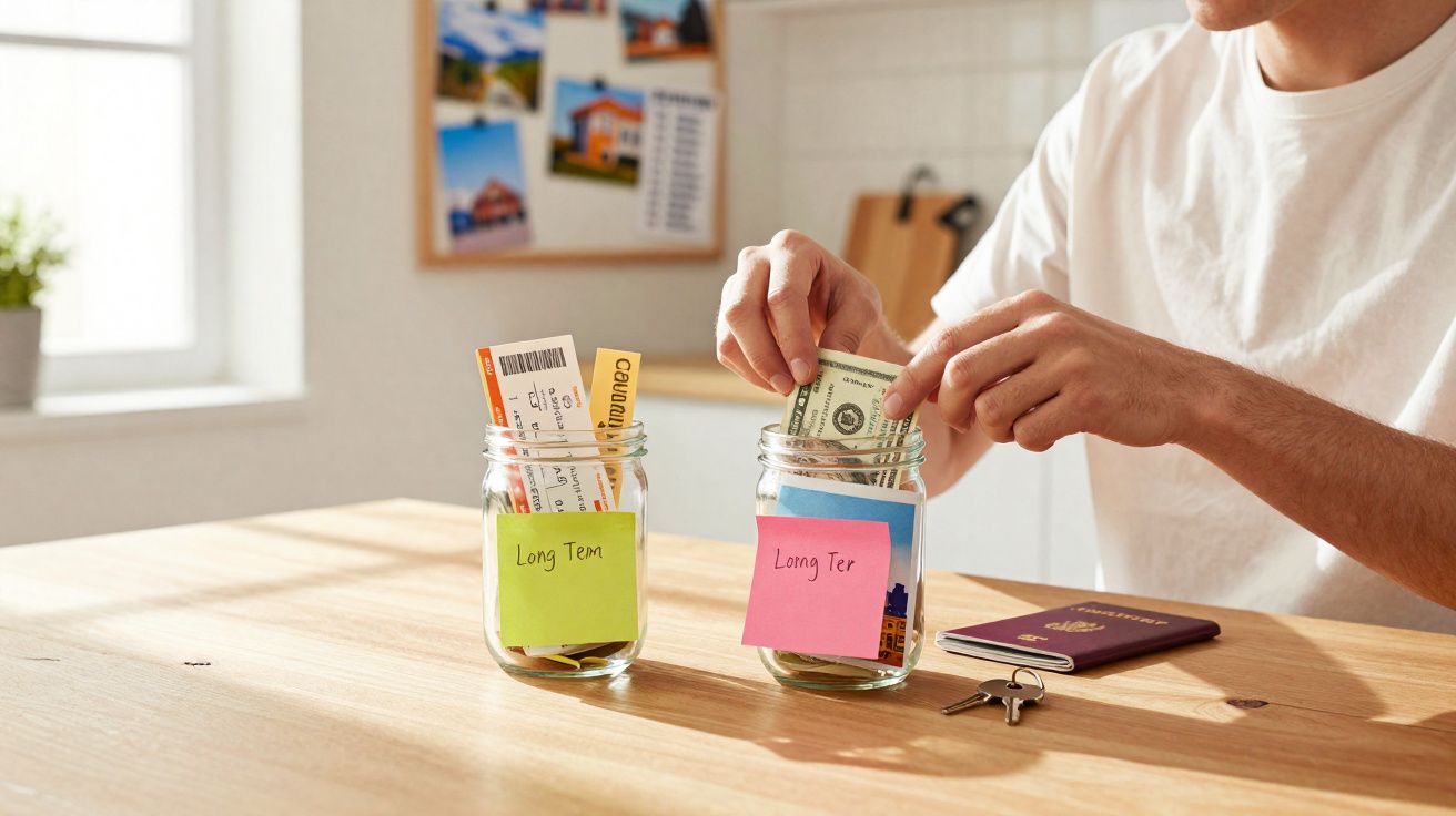 Pessoa a guardar dinheiro em frasco para viagem de longo prazo, com bilhetes e passaporte sobre a mesa.