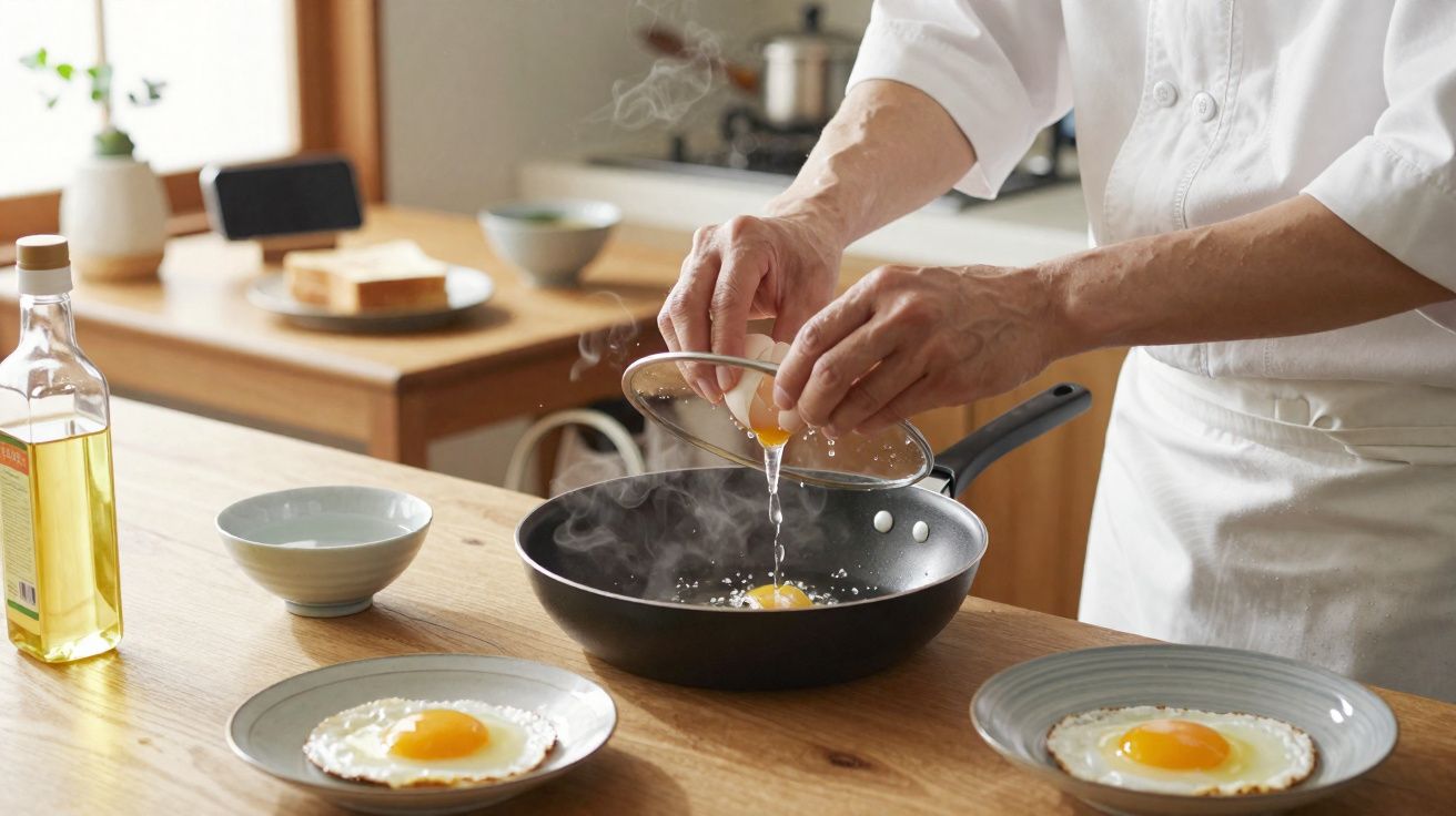Pessoa a partir ovos numa frigideira para cozinhar ovos estrelados numa cozinha luminosa.