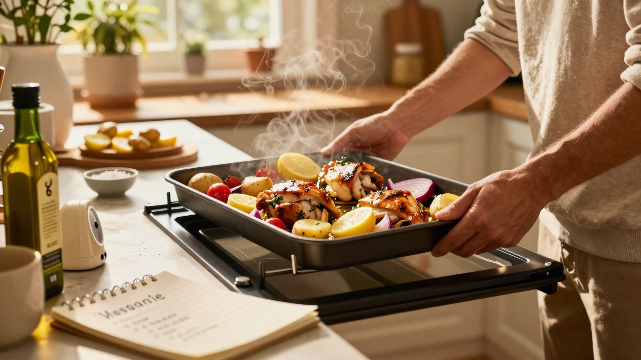 Pessoa a retirar assado de frango com limão e legumes do forno numa cozinha iluminada.