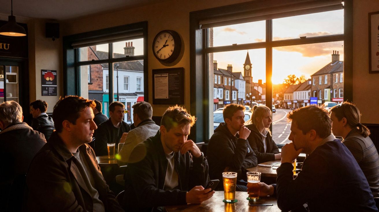 Interior de um pub com várias pessoas sentadas e copos de cerveja ao pôr do sol visível pela janela.