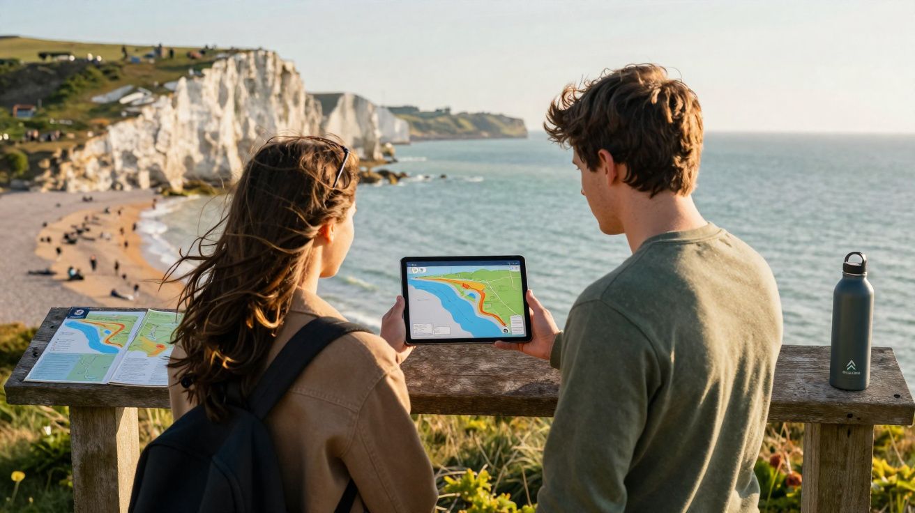 Casal junto a falésias vê mapa no tablet com vista para o mar e praia ao fundo numa paisagem costeira.