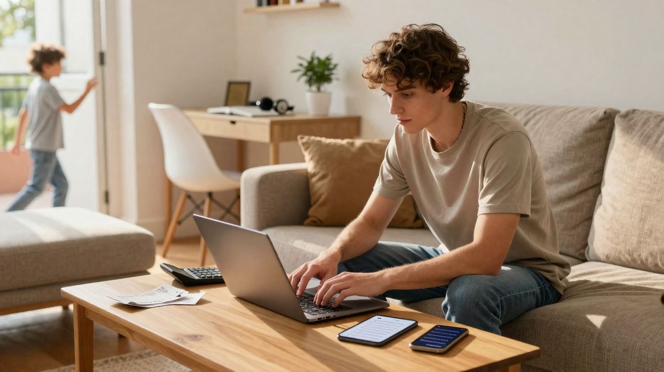 Jovem sentado no sofá a trabalhar no portátil com duas crianças ao fundo numa sala iluminada.