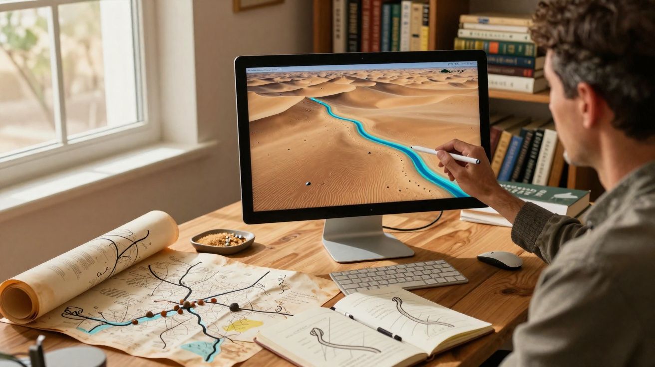 Homem a desenhar num monitor digital um curso de água azul num deserto, com mapas e cadernos na mesa.
