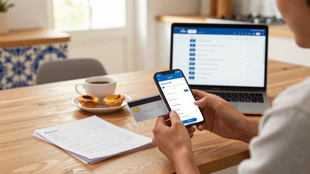 Pessoa a fazer pagamento online com telemóvel, cartão bancário, portátil, documentos, chávena e pastéis numa mesa.