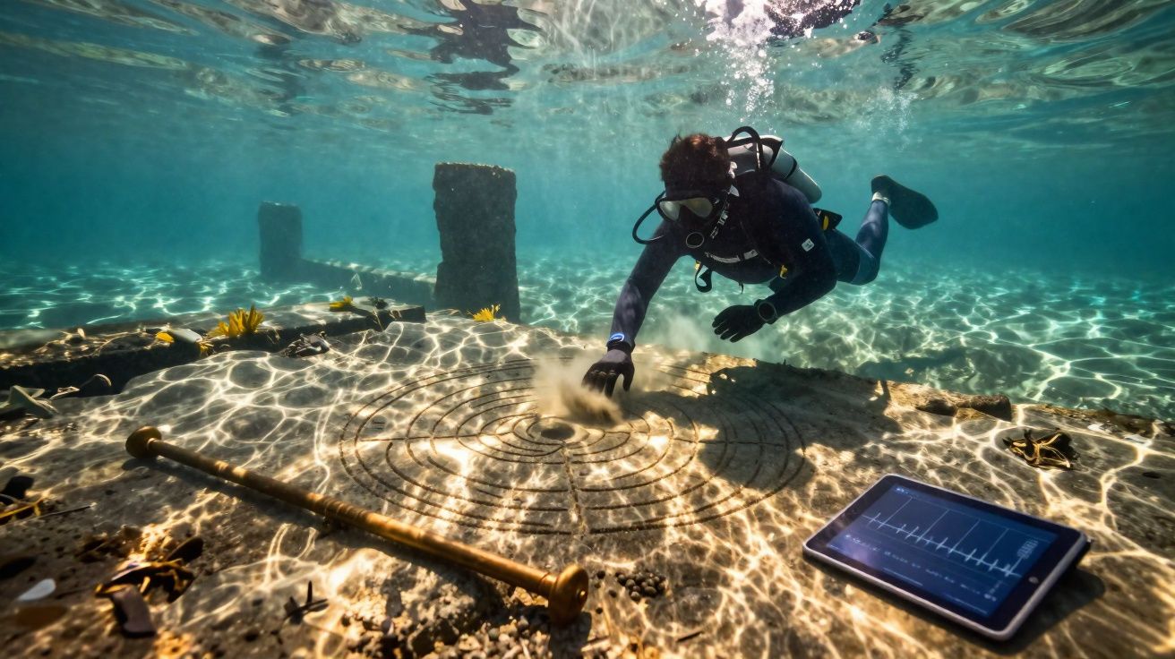 Mergulhador explora ruínas subaquáticas com artefactos antigos e tablet digital com gráficos.