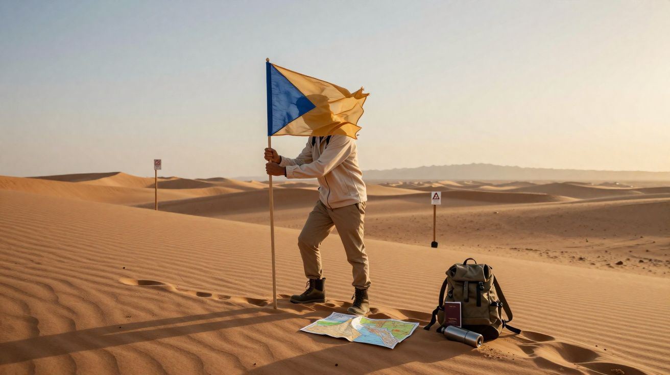 Pessoa numa duna de areia a segurar uma bandeira, com mochila, mapas e garrafa térmica no deserto ao pôr do sol.