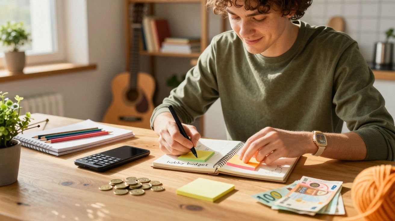Jovem sentado à mesa a organizar notas e contas com dinheiro, calculadora e cadernos num ambiente luminoso.