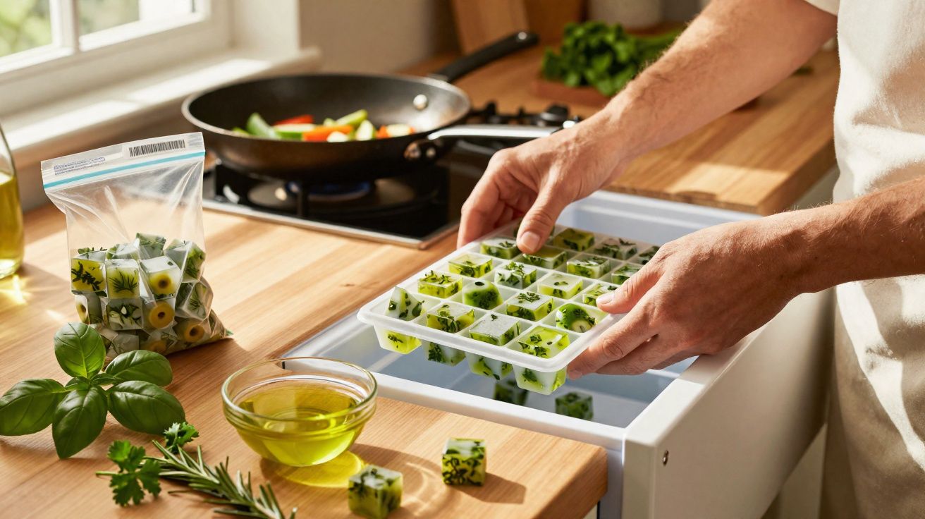 Mãos retiram cubos de ervas congeladas em formas de gelo para cozinhar numa cozinha iluminada.