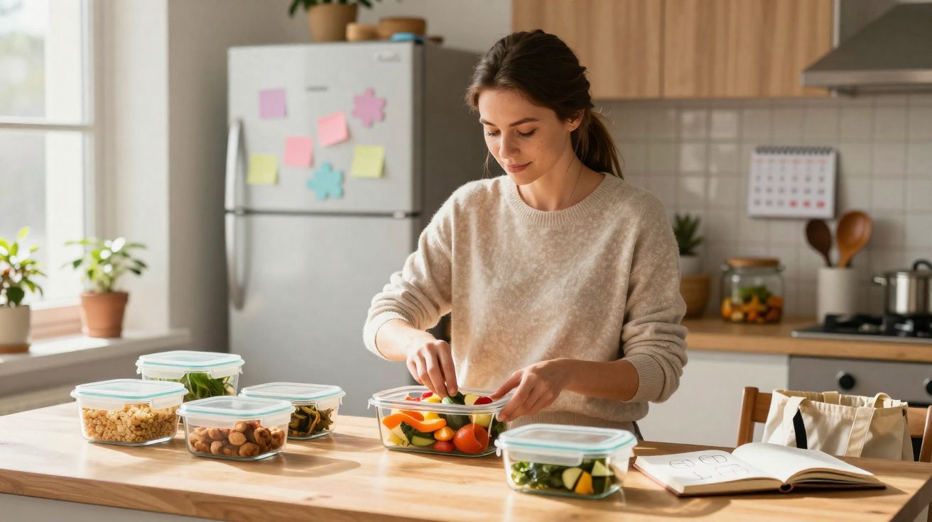 Mulher prepara refeições saudáveis com vegetais e leguminosas em recipientes plásticos numa cozinha iluminada.